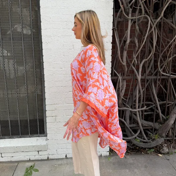Free People World Market orange + pink boho floral poncho tunic kimono one size #fairy #beach #hippie - Image 3
