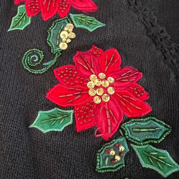 Black Poinsettia Embroidered‎ Long Sleeve V Neck Ugly Christmas Sweater Women - Image 3