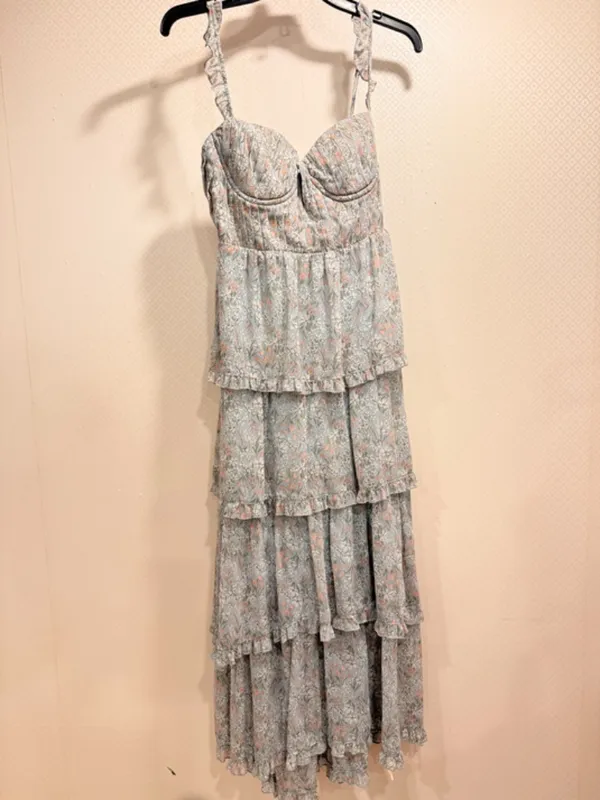 ASTR Pale Blue Floral Tiered Sweetheart Maxi Boho Dress Flutter Straps Size S - Image 11
