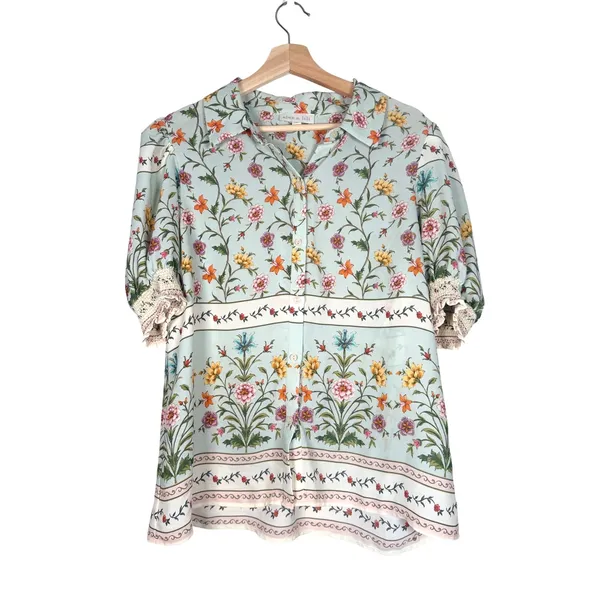 Alex & Lili Womens Large Blue Floral‎ Button Down Blouse Crochet Lace Cuff - Image 2