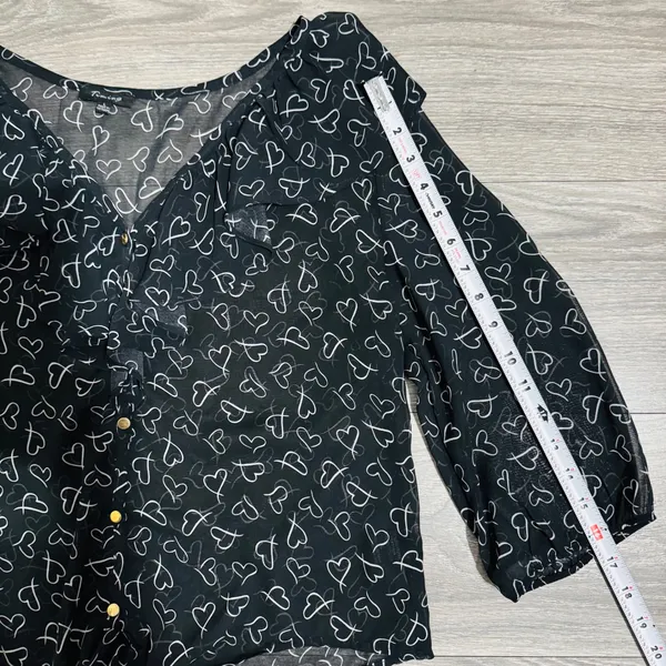Timing Black Sheer Heart Print Ruffle Tie Front Blouse Top Women Sz L‎ Celestial - Image 11