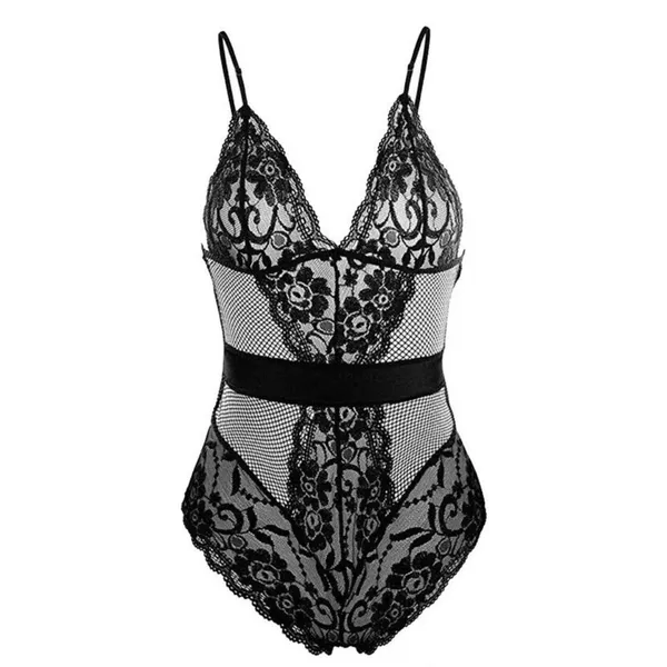 NWT Womens Lace Fishnet Sheer Mesh Teddy Bodysuit Black Romantic Lingerie Size M - Image 3