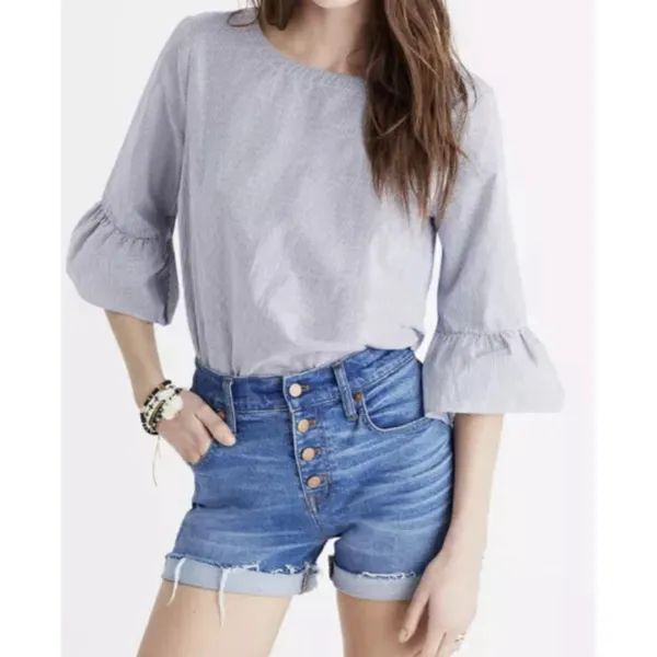 White Birch Madewell Striped Navy & White 3/4 Bell Sleeve Top L 100% Cotton - Image 9