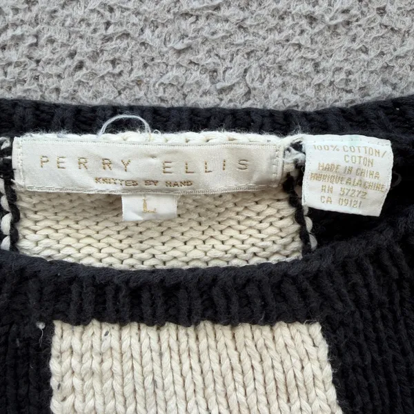 Vintage 90s Perry Ellis Hand Knit Floral Striped Cotton Sweater Black Cream L - Image 3