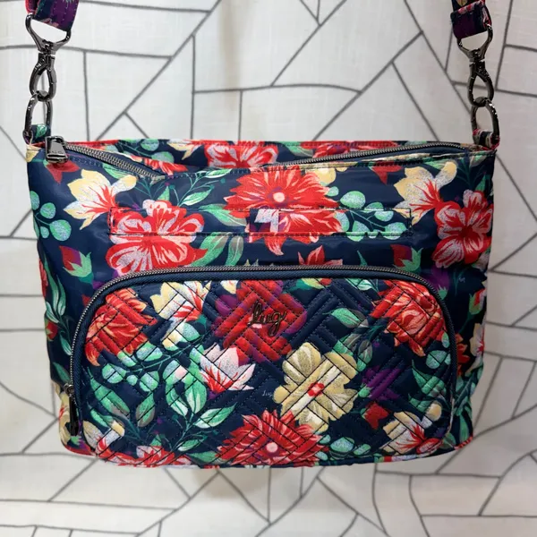 Lug Crossbody‎ Bag Medium Navy Floral Quilted Multi-Pocket Travel Purse - Image 2