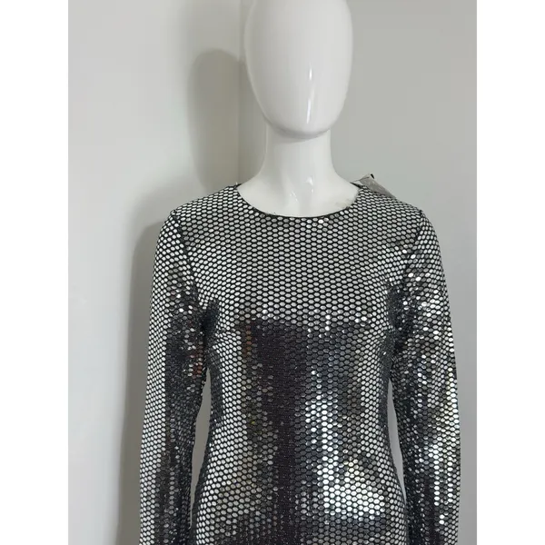 Women’s Silver Sequin Mini Dress Long Sleeve Bodycon Club Cocktail Size M NWT - Image 3