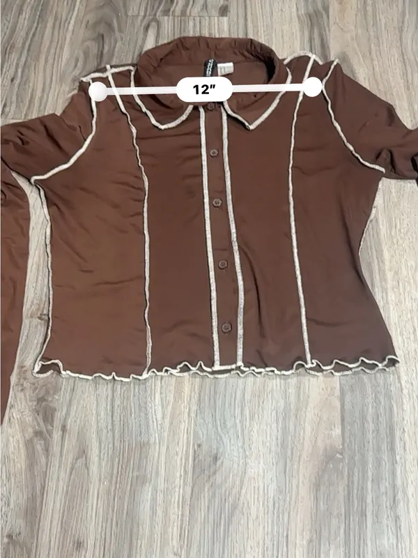 Divided Dark Brown Long-Sleeve Button-Down Top with Contrast Seams - Image 12
