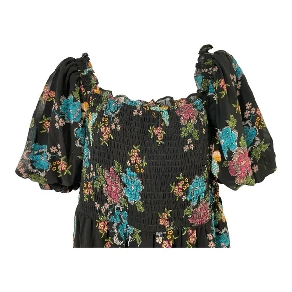 Lauren Conrad Plus Balloon Sleeve Smocked Midi Dress Sz XL Black Butterfly - Image 6
