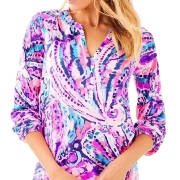 Lilly Pulitzer Meg Colony Coral Shell Out Pink Purple Top Cotton Small Shirt HTF - Image 2