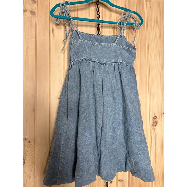 NWT Lulus Charmed Aura Light Denim Tie-Strap Bubble-Hem Mini Dress Babydoll Sz S - Image 6