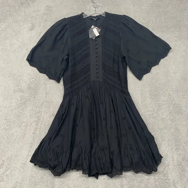 Madewell Dress Size 00 Black Eyelet Flutter Sleeve Mini Dress Cotton Voile NU556 - Image 2