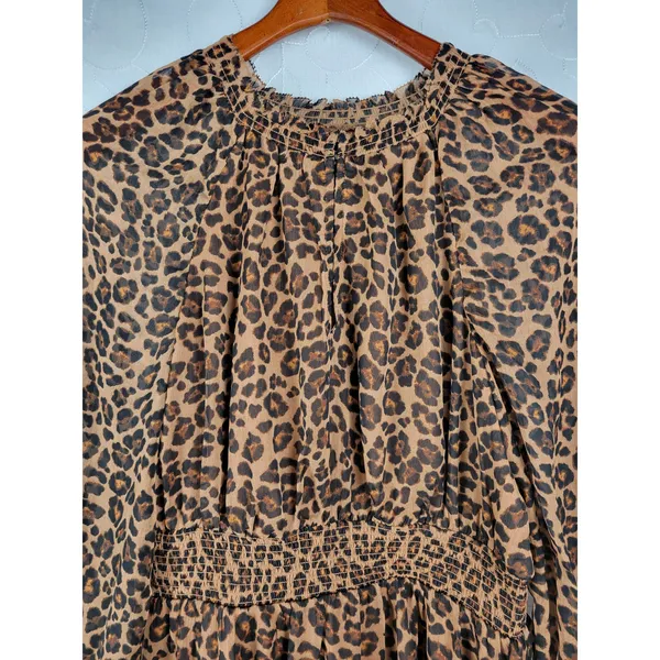 Old Navy Womens Dress Size S Tall Brown Chiffon Leopard Print V-neck Smocked NEW - Image 14