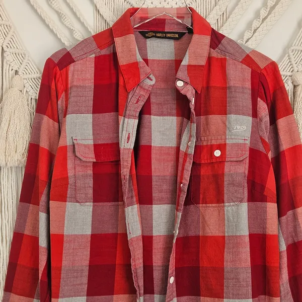 Harley-Davidson Red Plaid Flannel Eagle Graphic Button Down Shirt XL Unisex - Image 4