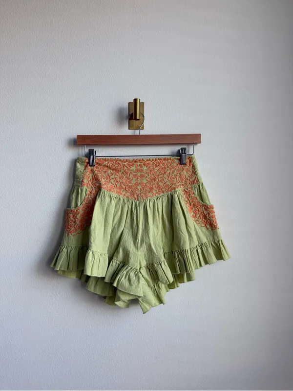 Free People FP One Mexico City Embroidered Ruffle Shorts Green Orange Medium - Image 2