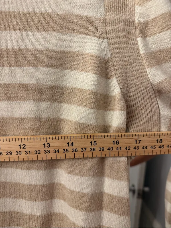 Lane Bryant Cream and Tan Striped Button-Shoulder Crew Sweater - Image 6
