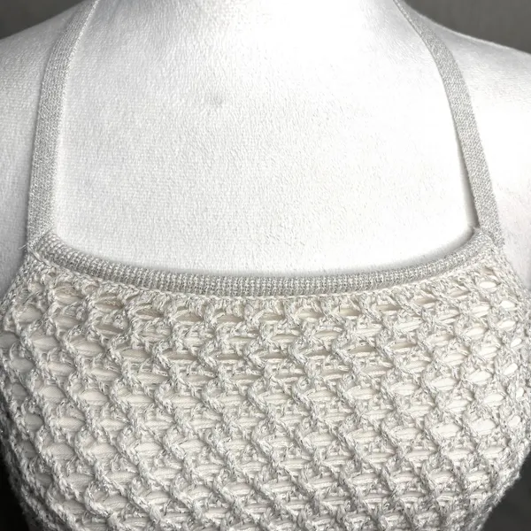 Garage Halter Top Cream Silver Metallic Crochet Open Knit Y2K Boho Festival M - Image 5