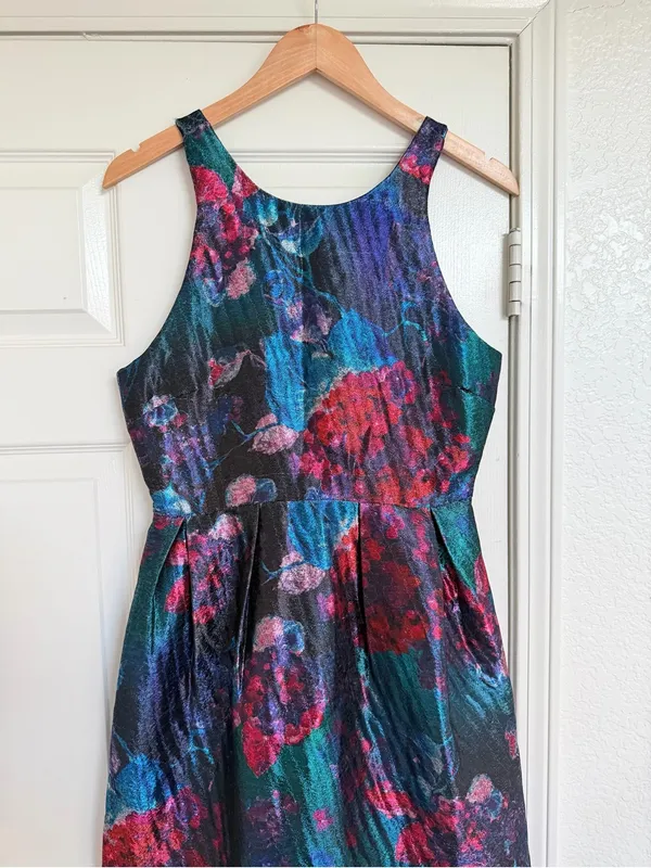 Anthropologie Hutch Watercolor Metallic Floral Textured A-Line Cocktail Dress 6 - Image 3