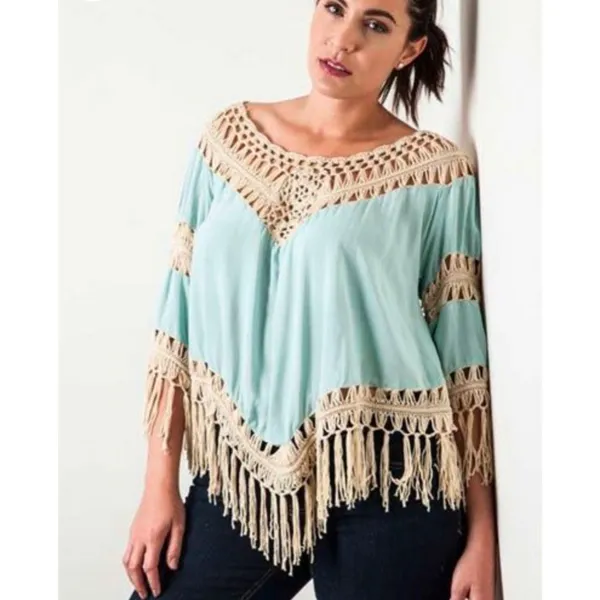 UMGEE Boho Peasant Crochet Fringe Hem Triangle Top‎ Teal Green Tan Large Hippie - Image 2