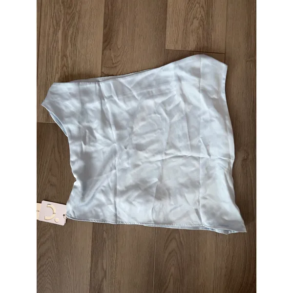 Commense Minimalist Satin One Shoulder Off Knotted Blouse Light Blue NWT Large - Image 2