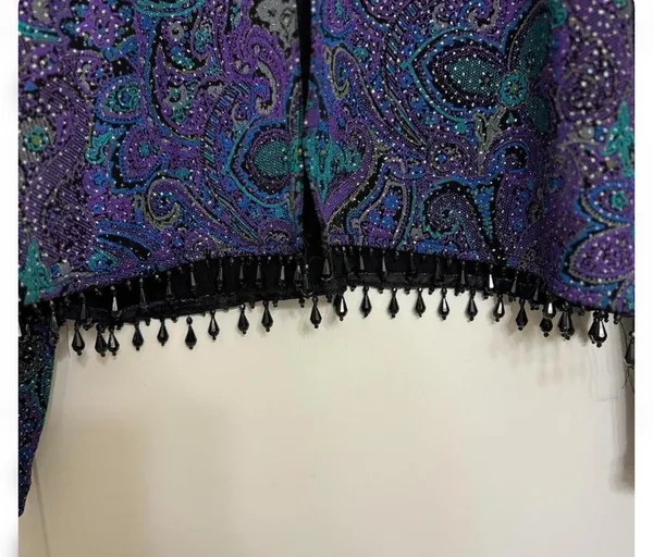 Purple sparkly paisley beaded cardigan with beaded black fringe - Image 2