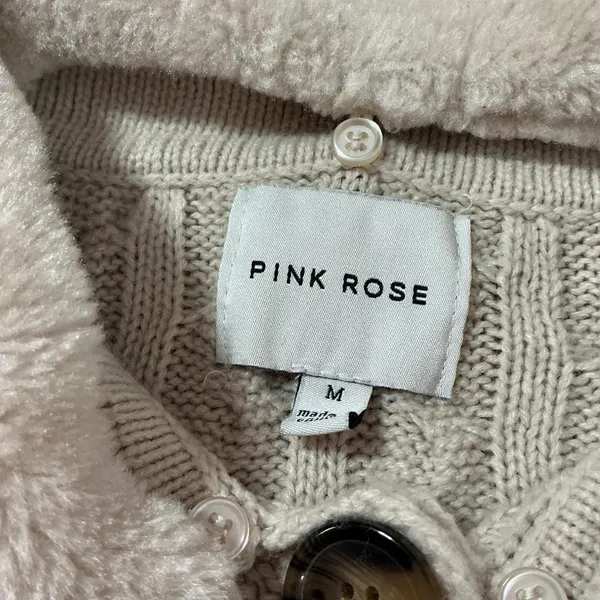 PINK ROSE Cable Knit Faux Fur‎ Collar Cardigan Sweater Cream Beige Penny Lane - Image 2