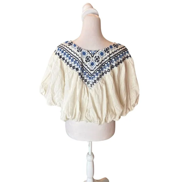 Free People Joni Top Boho Embroidered Puff Sleeve Cropped White Blue Women Small - Image 4