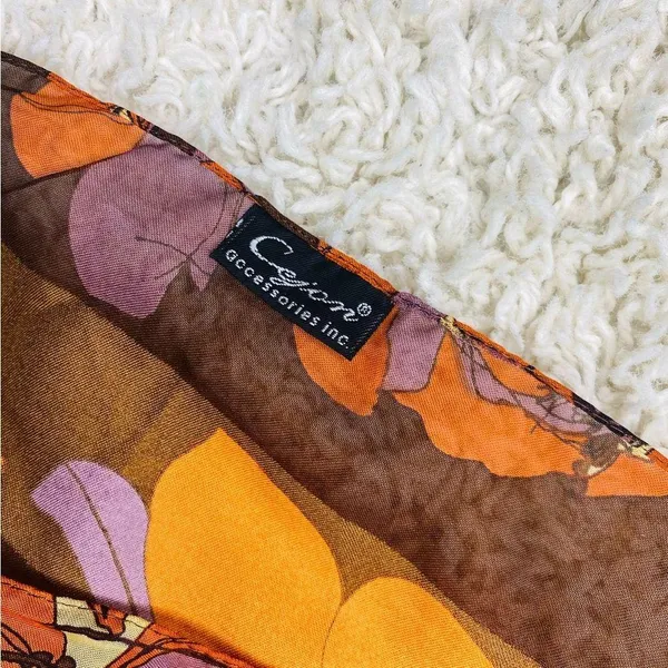 Retro Cejon Brown & Orange Floral Rectangle Neck Scarf - Image 4