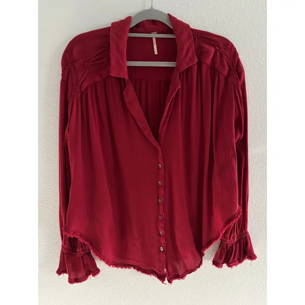 Free People‎ Olivia Long Sleeve Top Womens XS Red Oversized Button Down Festive - Image 3