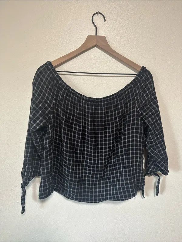 🖤Madewell Black and White Plaid Off-Shoulder Blouse - Image 7