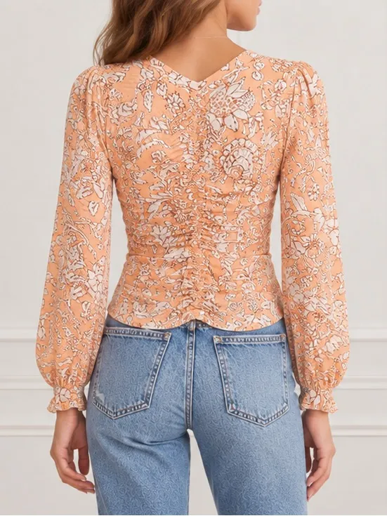NWT Free People Say The Word Tee XS Blood Orange Floral Ruched Long Sleeve Top - Image 4