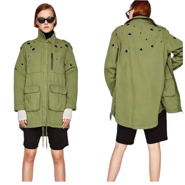 ZARA Oversized Rivet Roll Sleeve Utility Jacket Size X Small Green - Image 3