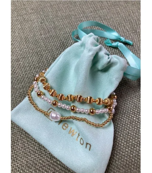 ENewton 3Pcs Gold Ribbed Bead Pearl Stretch Stack Bracelet Set - Image 3