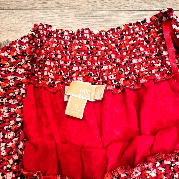 MICHAEL KORS Sangria Floral Smocked Ruffle‎ Off the Shoulder Dress Red Medium M - Image 4