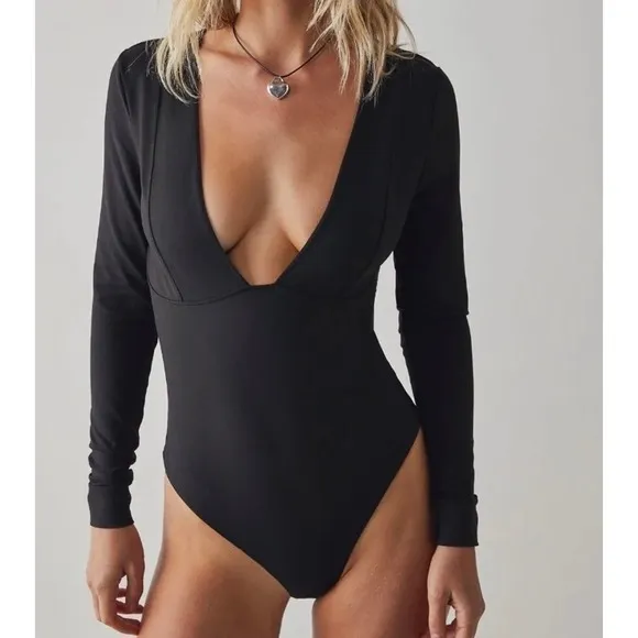 Free People INTIMATELY Basic Babe Bodysuit Black Plunging Neck Thong Small - Image 4