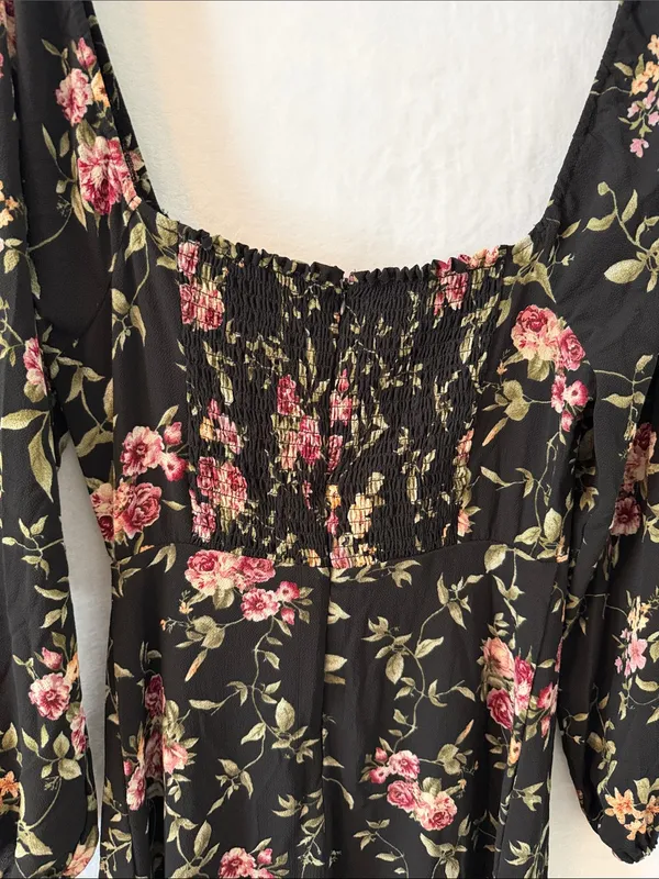 Forever 21 Black Floral Long-Sleeve Midi Dress with Pink Roses - Image 6