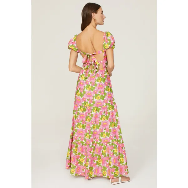 Show Me Your MuMu Cathy Pink Retro Floral Sweetheart Tie Back Puff Maxi Dress M - Image 3