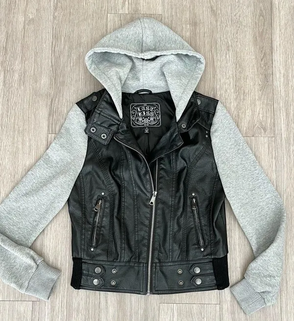 Last Kiss Y2K Black Leather Hybrid Gray Hooded Zip Moto Jacket Size Medium - Image 7
