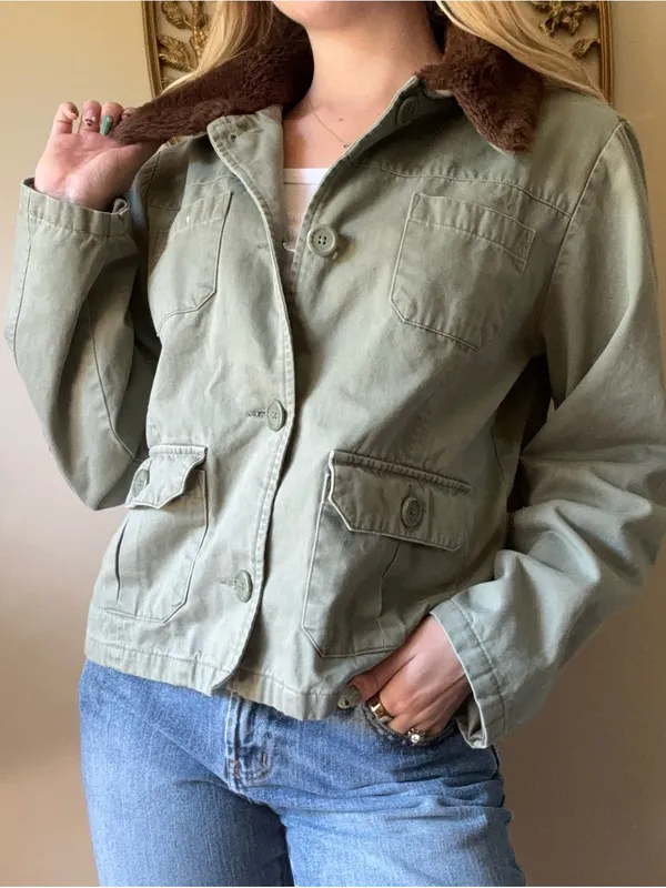 Olive Green Cotton Jacket with Brown Faux Fur Collar Size L - Image 6