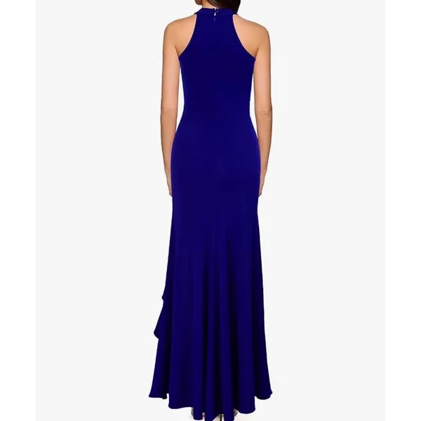 WOOSEA Royal Blue High Neck Ruffle Split Bodycon Mermaid Evening Dress size S - Image 2