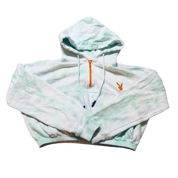 Playboy x Missguided Crop Hoodie Sweatshirt Zip Neck Green Tie Dye Size Small - Image 3