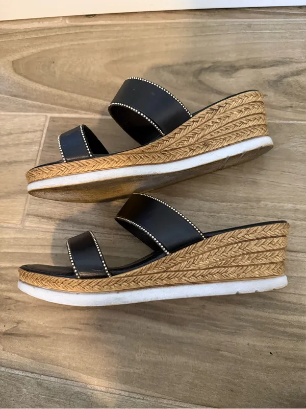Italian Shoemakers Black Double-Strap Slide Sandals with Gold Bead Trim - Image 2