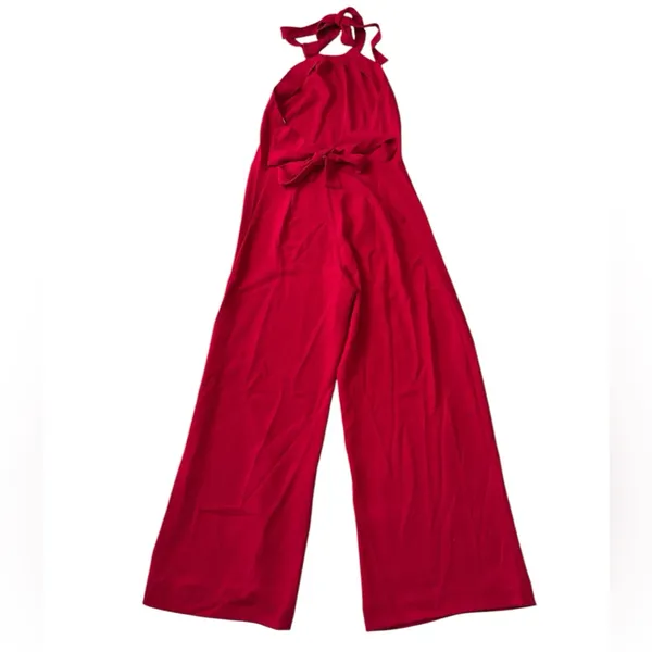 Amanda Uprichard Red Halter Jumpsuit Front‎ Tie Womens Small Wide Leg - Image 2