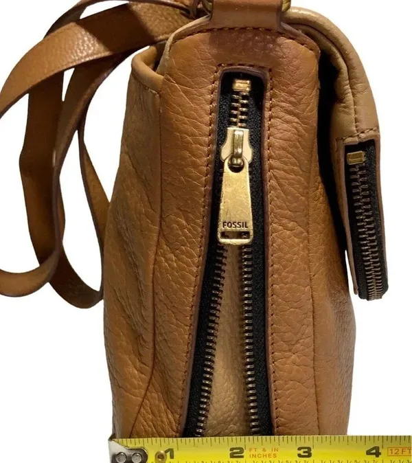 Fossil Crossbody Satchel Tan Brown Pebbled Leather multi pocket - Image 16