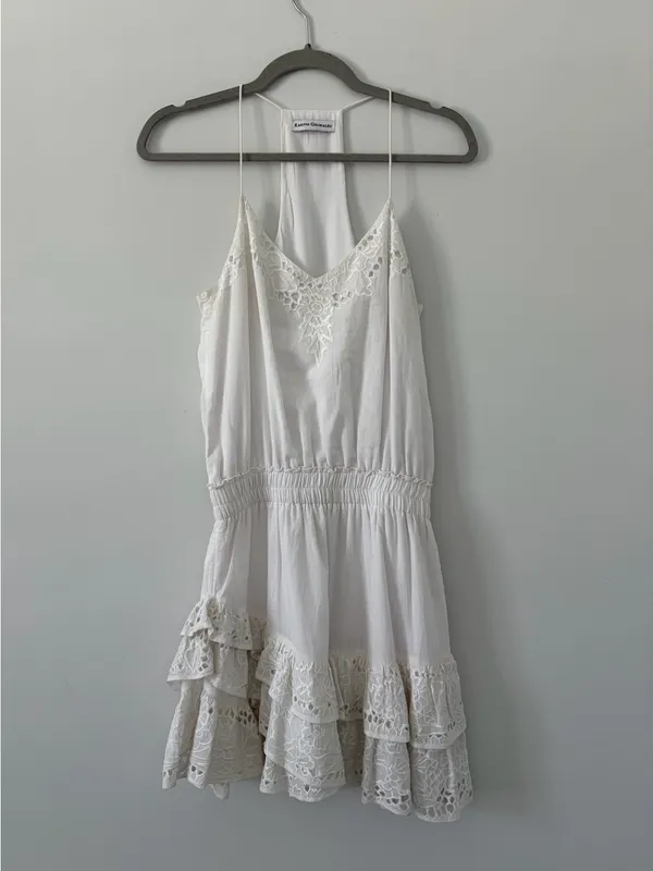 Karina Grimaldi Lucia White Eyelet Sleeveless Tiered Ruffle Skirt Mini Dress S - Image 2
