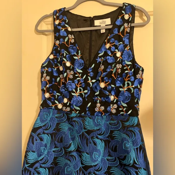 Badgley Mischka Belle‎ Blue Tapestry Jacquard Gown Dress Blue Retro High Low - Image 5