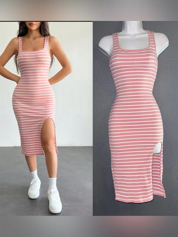 Women’s Pink & White Striped Midi Sundress Bodycon Dress size Small - Medium - Image 2
