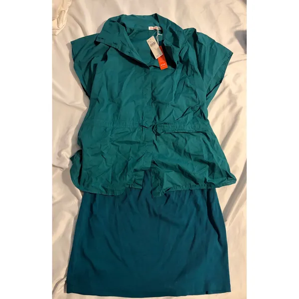 Sundry Anthropologie Cinched Waist‎ Mini Dress Teal Blue Cotton NWT Large Preppy - Image 5