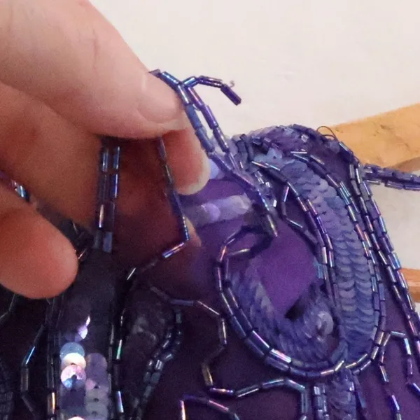 Vintage 80s Beaded Silk Gown Womens Size S Purple Sequin Formal Wedding FLAWS - Image 7