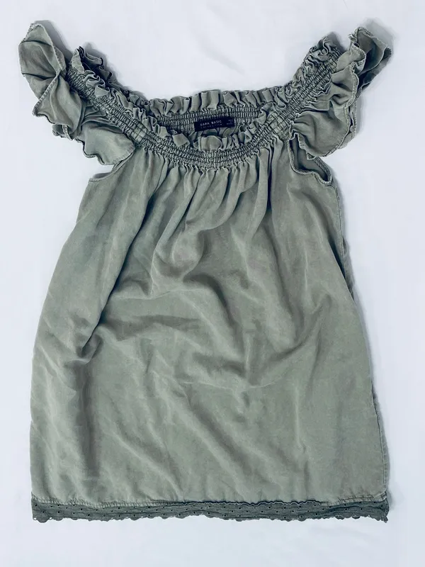 Smocked Off Shoulder Mini Dress - Army Green - S - Image 10