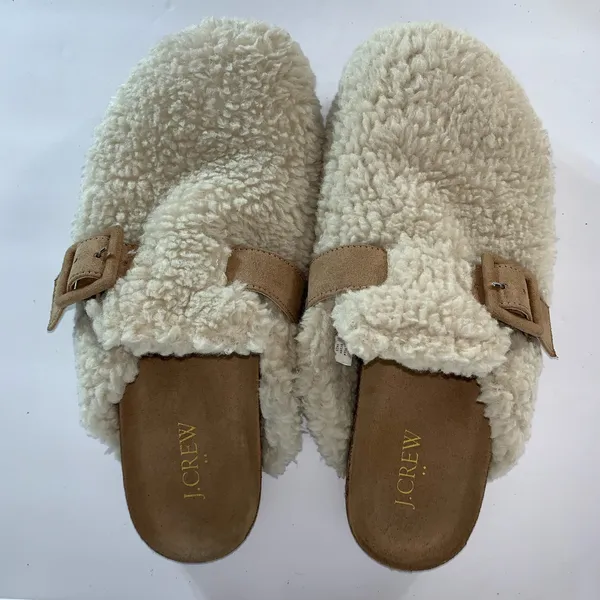 J. Crew Sherpa Buckle Clog Slippers in Tan/Cream, Women’s Size 8 - Image 10